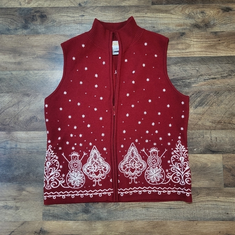 Vintage Talbots Red Merino Wool Embroidered and Beaded Pearl Christmas Vest SM